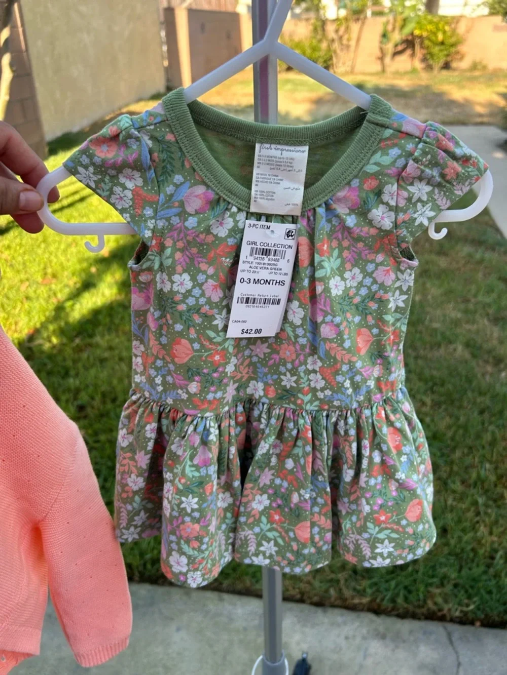 First Impressions Pink Cardigan with Green Floral Dress Set